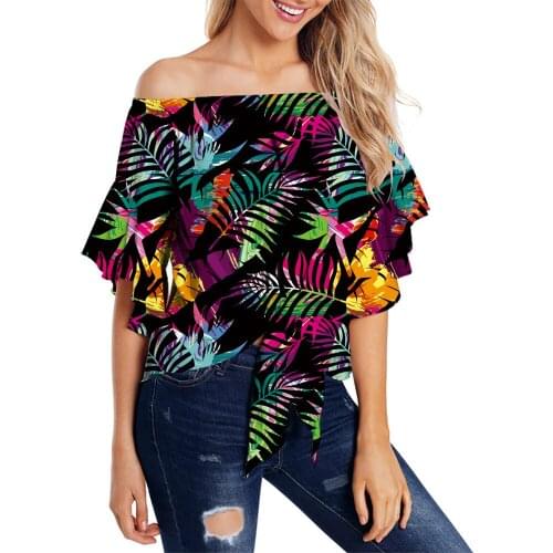 Papertiger Fashion Strapless Loose T-shirt Red Purple Palm Leaves Print Summer Ladies T-shirt