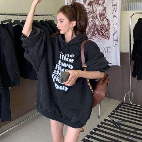 Trendy Clothes Women Knitted Harajuku Winter Warm Thick Hooded Sweater Long Sleeve Black LooseTops Letter Printing Streetwear