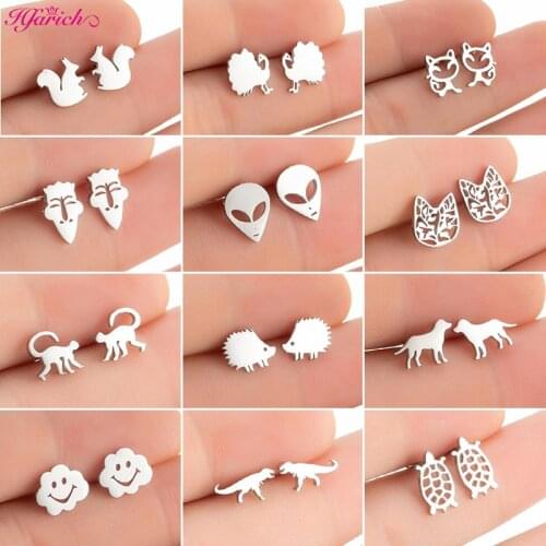 Fashion Stainless Steel Animal Earrings for Women Small Human Face Clouds Hedgehog Dinosaur Dog Earring Turtle Accessories Gift