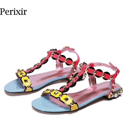 Perixir Design Girl Sandals Genuine Leather 2021 Summer New Arrival Footwear Sheepskin T-Starp Fashion Flats Women Shoes CY037