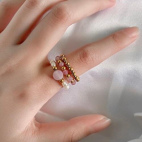 Luxury Pink Tourmaline Beaded Rings for Wedding Handmade Jewelry Stainless Steel Freshwater Pearl Women Ring Stretchy Jewel;ry