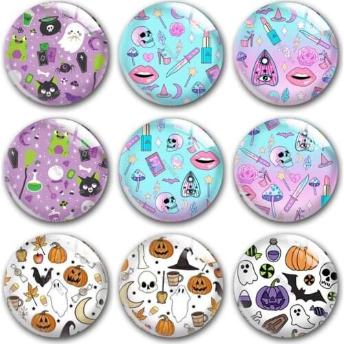 Handmade Pumpkin bat Halloween party witch cat Round photo glass cabochons demo flat back DIY jewlery Making findings accessory