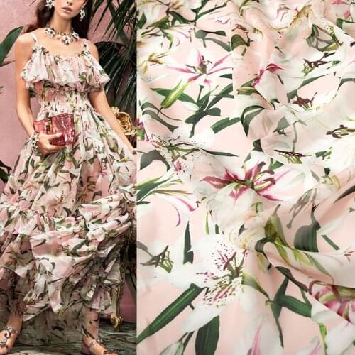 100x145cm Fashion Pink and Black Lily Flower Printed Thin Chiffon Fabric For Woman Summer Dress Blouse DIY Cloth Sewing