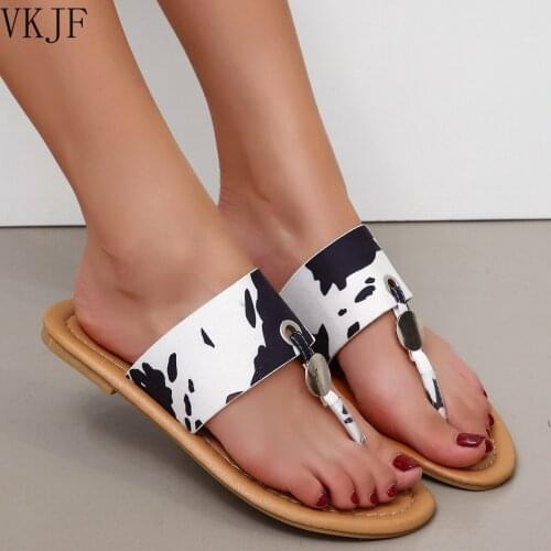 2021 Fashion Summer Slippers Women Flat Cow Print Pu Leather Ring Toe Rubber Sole Casual Slides Outdoor Beach Sandals Ladies
