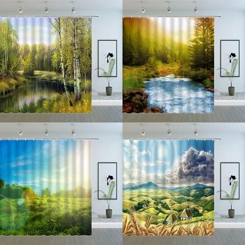 Natural Landscape Shower Curtains Spring Forest Plant Flower Scenery Bathroom Waterproof Polyester Decor Cloth Hanging Curtain