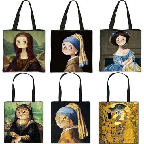 Funny Mona Lisa Handbag Oil Painting Printing Ladies Casual Shoulder Bag Foldable Large Capacity Environmental Tote Bag
