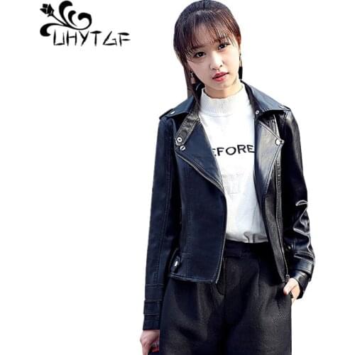 UHYTGF New Fashion womens leather jacket High quality PU leather spring autumn leather jacket Black short coat biker jackets 314