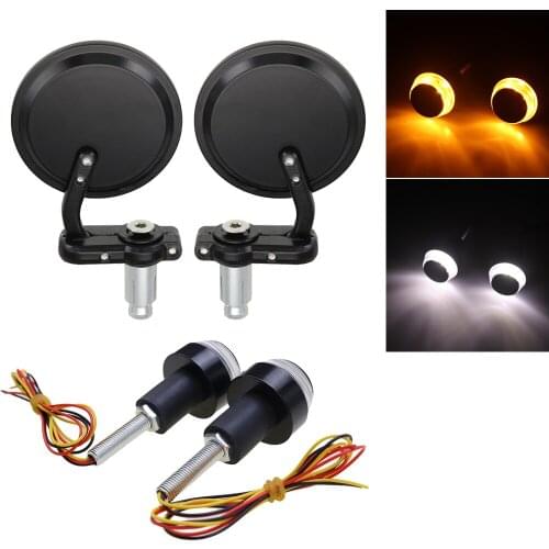 Universal Black 3" Round 7/8" 22mm Handlebar End Mirrors Rear View Side Mirror Turn Signals For Harley Cafe Racer Bobber Chopper