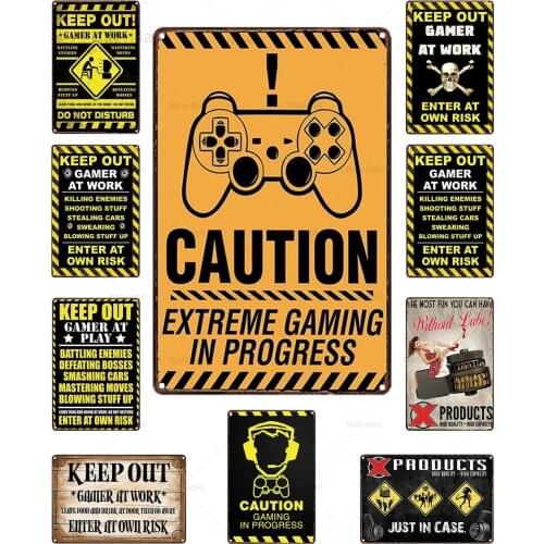 Vintage Caution Extreme Gaming In Progress Metal Tin Sign Retro Plaques Keep Out Gamer At Work At Play Gamer Room Decoration