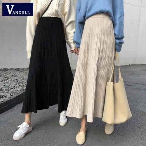 Vangull Elastic band Knitted Big Hem Skirt High Waist Slim Mid-Long Skirt 2020 Autumn Winter Womens Warm Wild Elegant Skirts