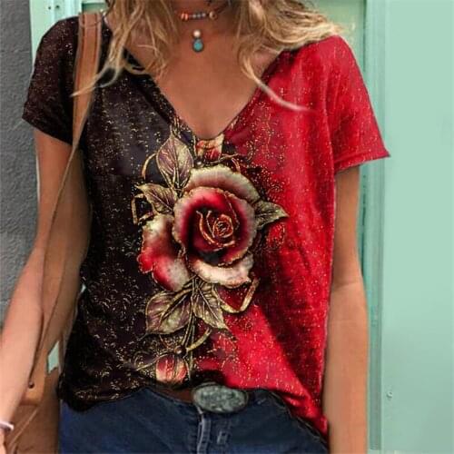 3D Rose Flower Print Women T Shirt 2021 New Summer Casual Short Sleeve V-Neck Loose Oversized Tops Ladies Large Size 5XL Clothes