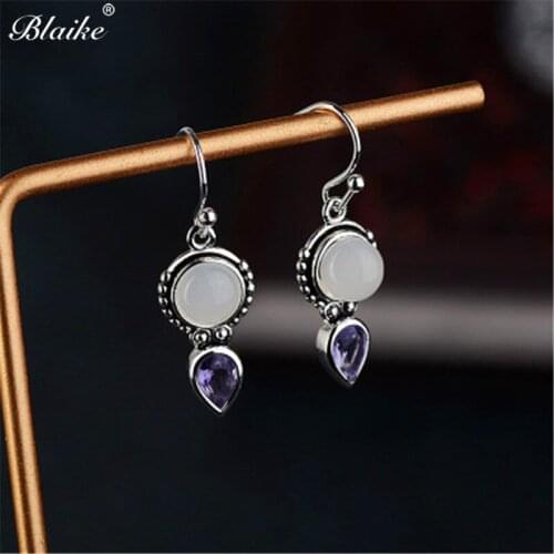 Blaike 2019 Trendy Long Boho Moonstone Fringe Earrings For Women Water Drop Purple Rhinestone Statement Jewelry Birthstone Gifts