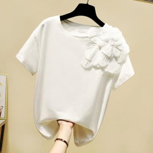 Real flower women t-shirts solid short hand-made o-neck casual all match top tees female student outwear tops