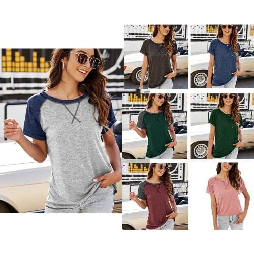 Womens All Match Short Sleeve Raglan Spring Crewneck T Shirts Tees Female Color Block Summer Casual Loose Fit T Shirts Tops 2021