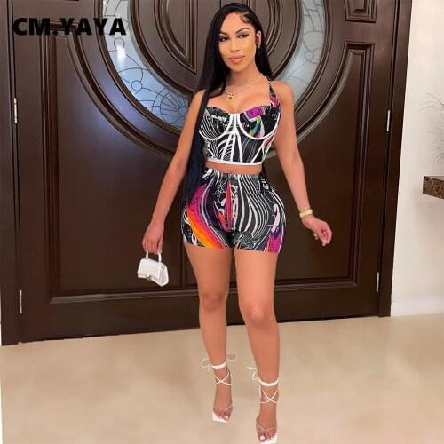 CM.YAYA Women Set Print Sleeveless Halter Crop Tops Strechy Shorts Two 2 Piece Sets Fashion Outfit Casual Streetwear Summer 2021