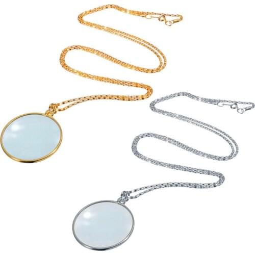 Women 5x Magnifier Round Reading Magnifying Glass Monocle Lens Pendant Men Long Gold Silver Plated Chain Necklace Gift for kids