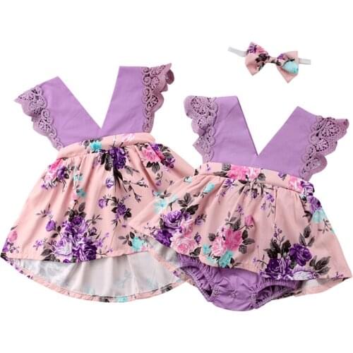 Sister Family Matching Sets Cute Lovely Summer Dress Sleeveless Lace Floral Print Dress Litter Sister Romper Dress With Headband