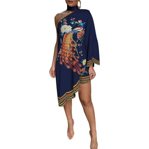 Plus size dress apparel Women Fashion Choker Peacock Print One Shoulder Irregular Ruffled Hem Dress