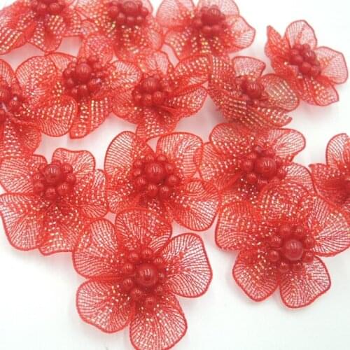 20pcs Red Mesh Ribbon Flowers With Bead Sewing Wedding Craft Appliques A0001