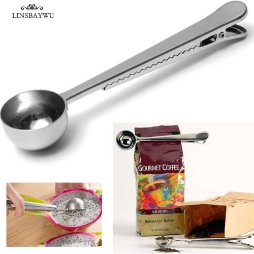 2020 Silver Stainless Steel Ground Coffee Tea Measuring Scoop Spoon With Bag Seal Clip Coffee Tool Kitchen Accessories Hot Sale