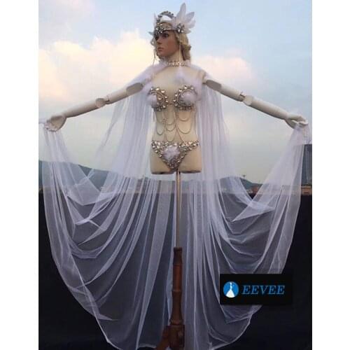 White mesh shawl Sexy bikini Nightclub Female singer Stage costumes Bar Prom jazz DJ performance bikini set dance Costume