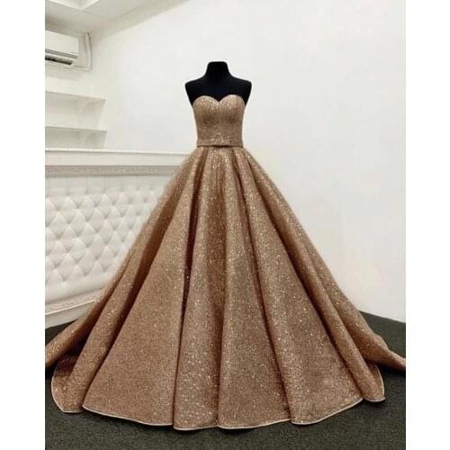 2020 Sparkly Gold Sweetheart Prom Dresses Long Strapless Corset Back Ball Gown Glitter Formal Evening Party Gowns Robe De Soiree