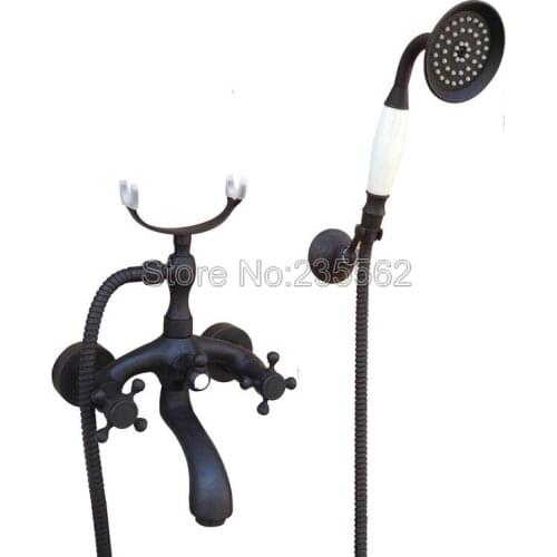 Black Oil Rubbed Brass Wall Mounted Bathroom Shower Bathtub Faucet Set Dual Handle Mixer Tap + Handheld Spray Shower ltf564