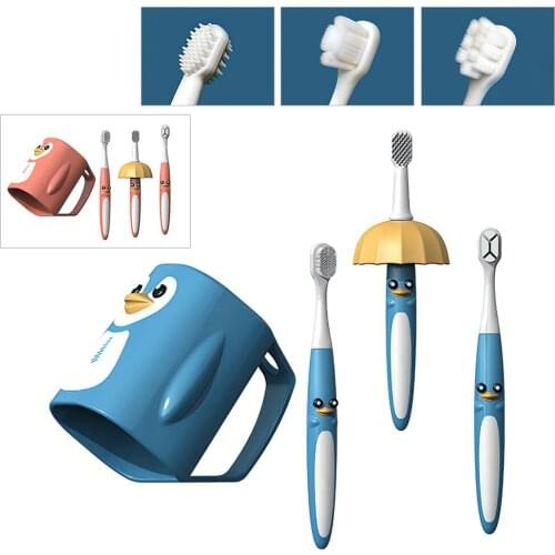 DIOZO Blue/Pink Cute Penguin Children Toothbrush Set With 3 Head Cup Tongue Scraper Saft Dental Brush Cleaner Toothbrush Child