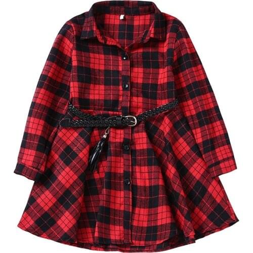 Elegant Girls Casual Long Sleeve Plaid Shirt Dress With Belt Fashion Teenager Cotton Dresses size 4 5 6 7 8 9 10 11 12 13 Years