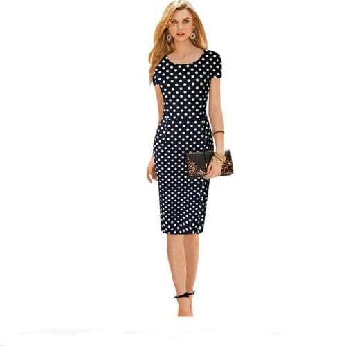 Classic retro wave point round neck short sleeve lotus pile pile heap stretch elastic Slim pencil pencil dress