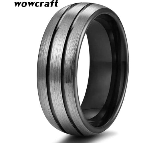 8mm Black Brushed Tungsten Rings for Men Women Wedding Bands Double Grooved Polished and Matte Finish