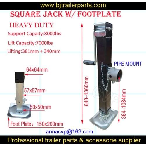 SQUARE PIPE MOUNT JACK WITH FOOTPLATE HEAVY DUTY UTILITY BOAT TRAILER DROP LEG WELD ON jack stand 7000lbs side wind