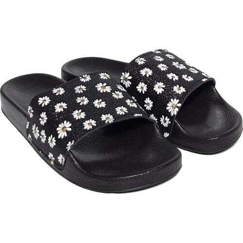 Summery Women Daisy Pattern Slide Slippers Black White Silvery Shiny Soft Casual Sea Beach Pool Balcony Garden Turkish Goods 2021