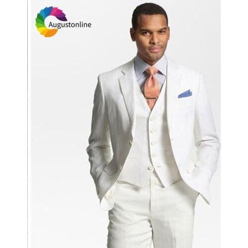 Ivory Linen Men Suits for Wedding Beach White Best Man Blazers Suit Slim Fit Groom Tuxedos 3 Pieces Jackert Pants Vest Ternos