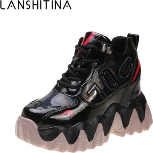 Chunky Sneakers Women 2020 Spring Thick Sole Platform Vulcanize Shoes Woman Lace Up Casual Footwear 10CM Leather Shoe High Heels