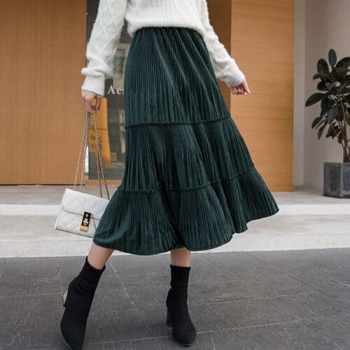 New womens dress skirts autumn & winter Elastic waist velvet pleated skirt medium length swing skirt high for lady girls BSQ077