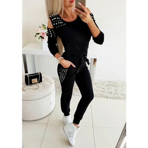 Autumn Winter New Fashion Womens Beading Long Sleeve Top + Pants Tracksuit Sweatshirt Jogger Running Trainning Suit Outfits
