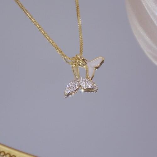 Korea Fine Jewelry Exquisite Micro-inlaid Zircon 14k Real Gold Plated Fishtail Necklaces for Woman Simple Short Necklace