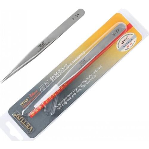 10pcs/Lot 100% Genuine Vetus SA Series Ultra Precision Stainless Tweezers for Eyelash Extension Anti Acid SA Tweezer