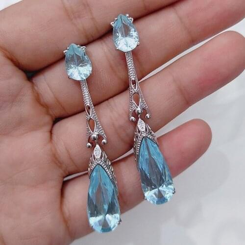 Simple Dazzling Water Drop Mosaic CZ female earrings Silver Color blue/pink crystal zircon Wedding Earrings For Women