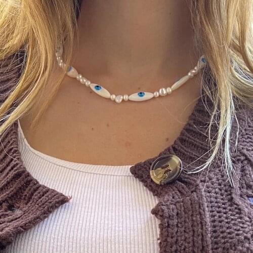 Vintage Unique Evil Eye Choker Shell and Real Pearl Necklace Stainless Steel Metal Genuine Gold Plated Necklace for Women 2021