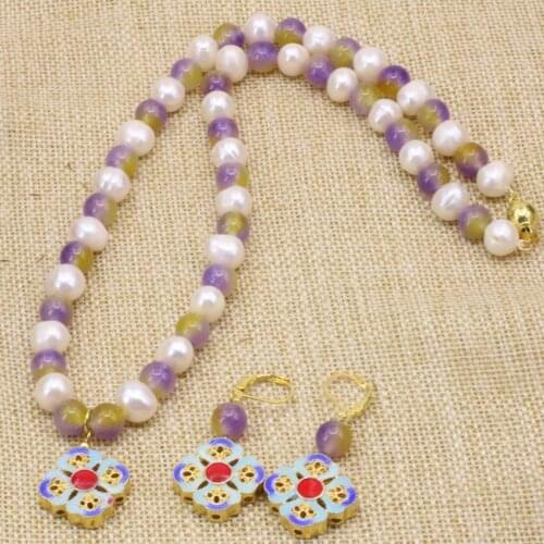 Gold-color cloisonne earring natural white 9-10mm pearl multicolor jades 8mm round beads necklace women jewelry set 18inch B3183