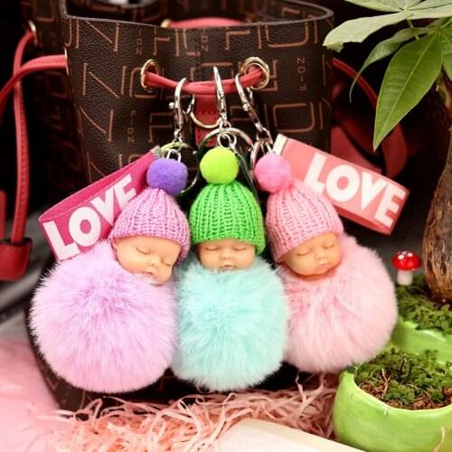 Cute sleeping doll plush keychain hair ball key ring pendant love ribbon plush toy doll cartoon bag hanging ornaments