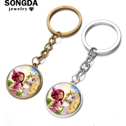SONGDA New Arrived Mia And Me Series Keychain Magic Fairy Elf Photo Glass Cabochon Pendant Metal Key Ring for Kids Birthday Gift