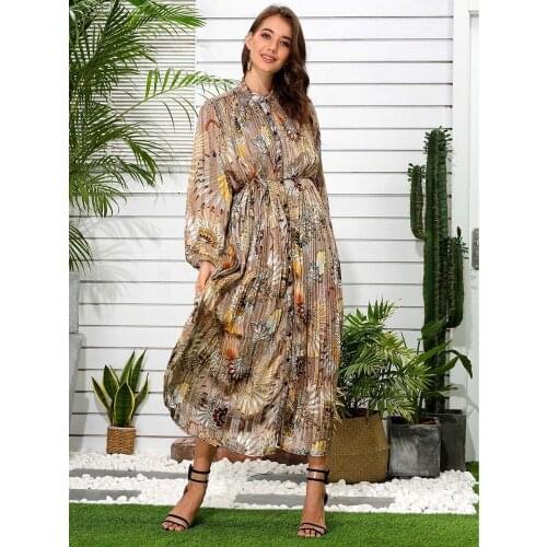 VKBN Summer Dress 2021 Chiffon Printing Dresses for Women Casual Sashes Long Sleeve Party Elegant Vestidos De Fiesta