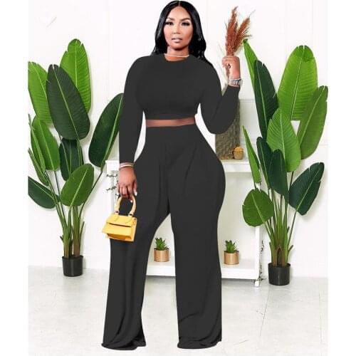 ZJFZML ZZ Women Clothing Two Piece Set Plus Size O-neck Long Sleeve Crop Top and Loose Wide Leg Trouser Dropshipping Wholesale
