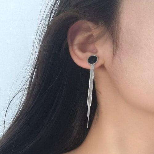 GorGor Stud Earrings Women 925 Sterling Pattern Black Round Long Tassel Elegant Temperament Trendy Anniversary Jewelry ES306
