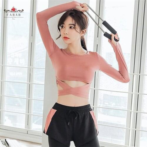 Women Sports Yoga Shirts Sexy Workout Crop Tops Long Sleeve Shorts Tops Gym Fitness Cross Waist Breathable Yoga T-Shirts