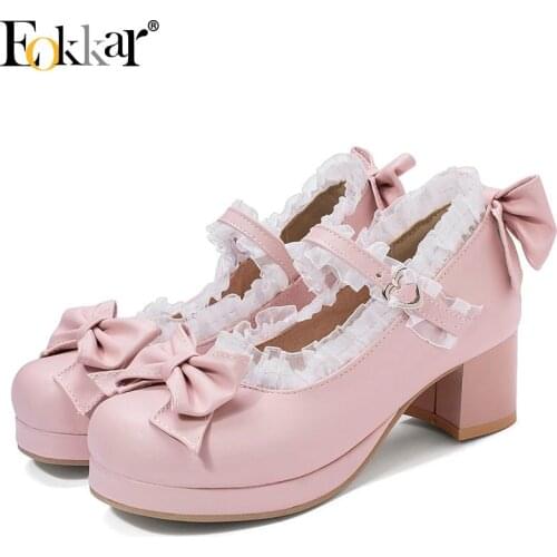 Eokkar 2020 Women Mid Block Heel Mary Jane Pumps Lolita Shoes Lace with Bow Casual Rockabilly Pumps Cosplay Shoes Size 34-45