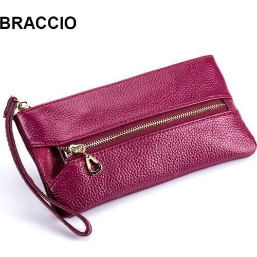 Women Genuine Leather Clutch Bag First Layer of Cowhide Litchi Grain Female Multifunctional Purse Mobile Phone Pocket Key Holder